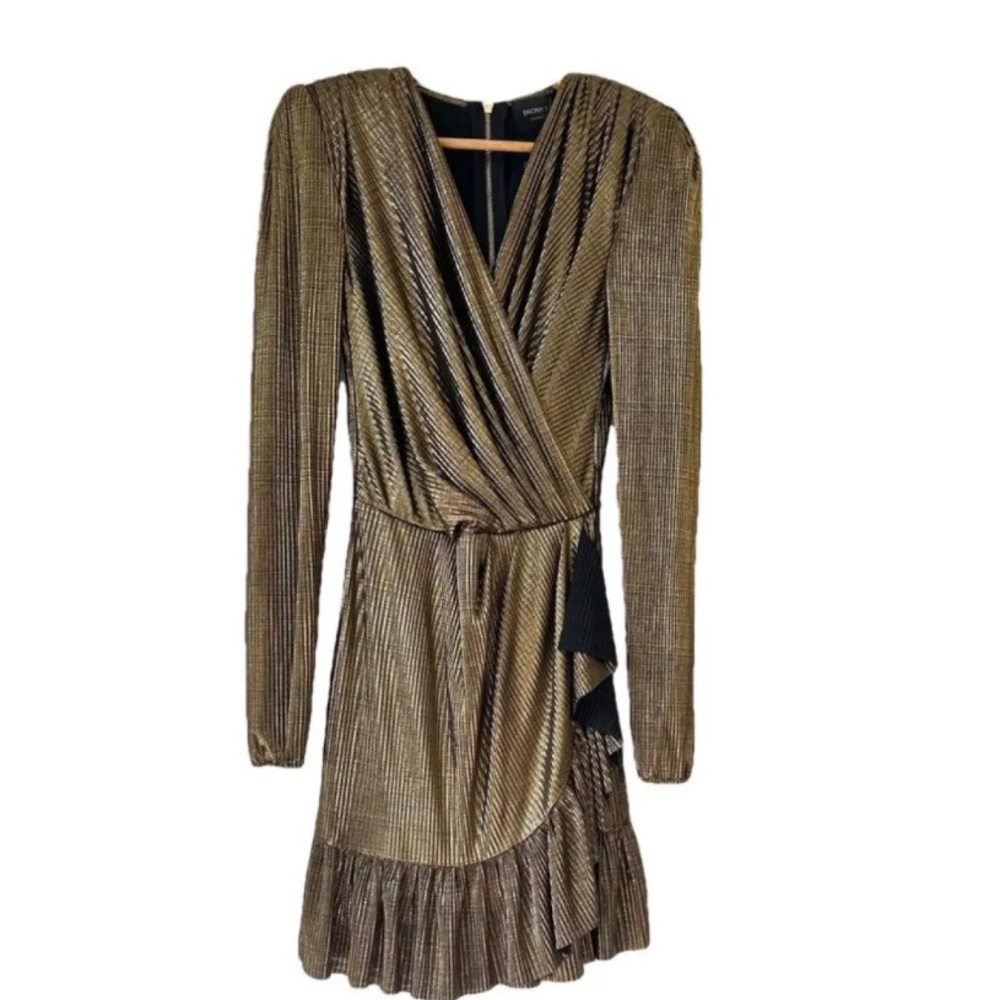 Bronx and Banco Anais Gold Metallic Mini Dress Long Sleeve Wrap Sz M